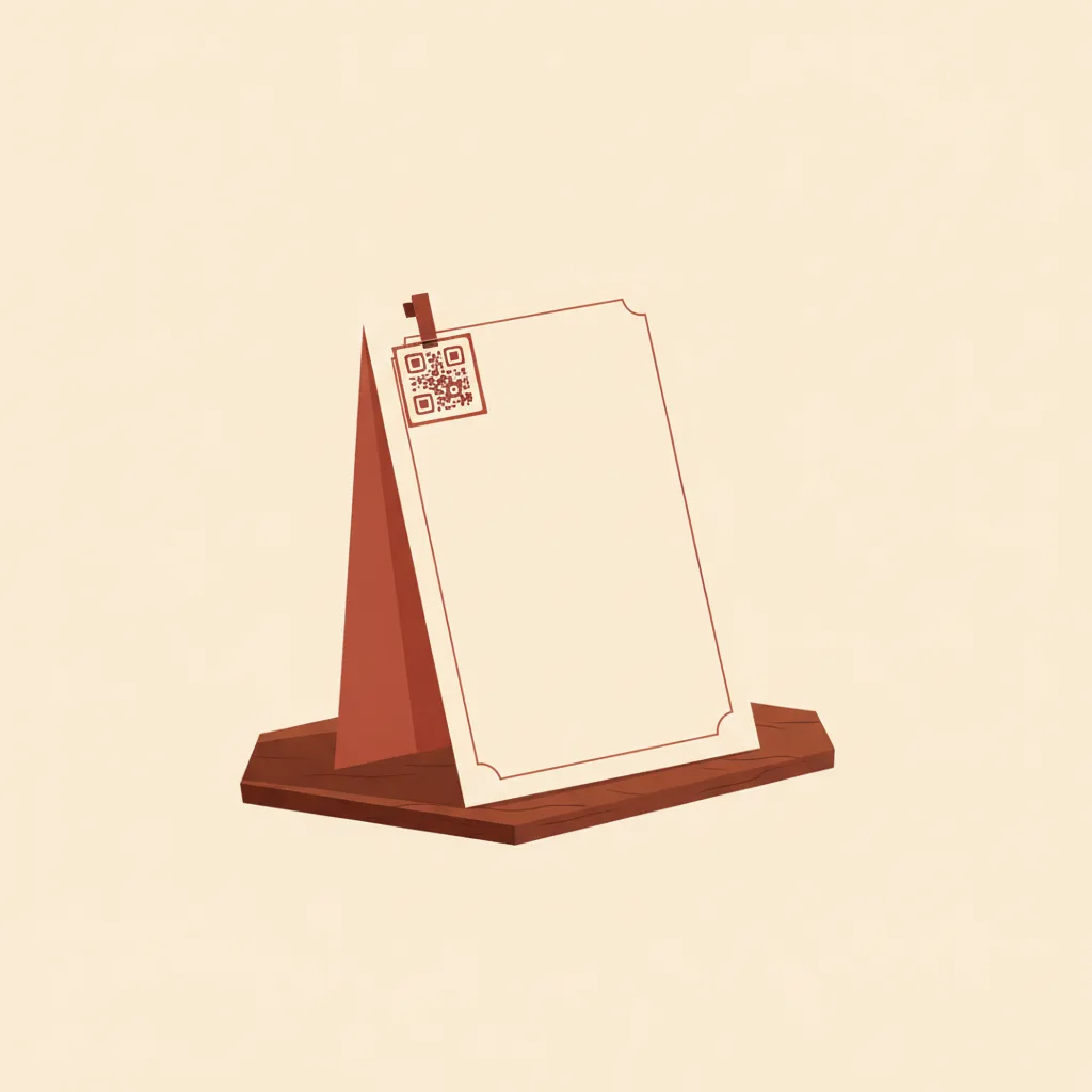 A folded printed menu card on a dark wood table with a small paper QR tag clipped to its corner